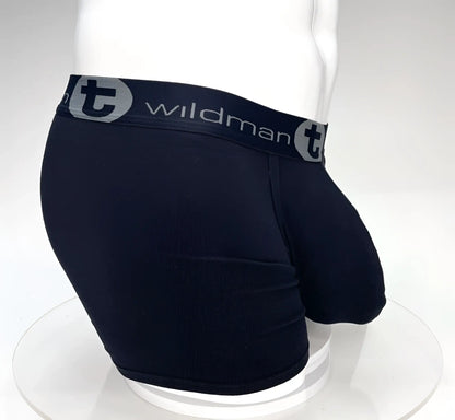 Black wildman big boy pouch 5 inch inseam boxer briefs in black with gray elastic waistband and brand logo