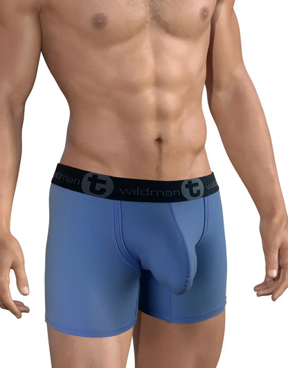 Dark blue big boy pouch 5 inch inseam boxer briefs with black waistband featuring wildman logo and circular t emblem