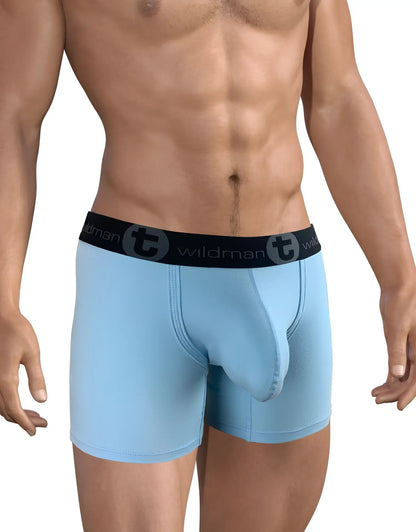 Light blue big boy pouch 5 inch inseam boxer brief with black wildman waistband designed for comfort