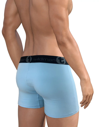 Light blue big boy pouch boxer briefs with 5 inch inseam and black wildman elastic waistband for men