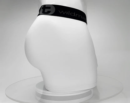 White big boy pouch boxer briefs with a 5 inch inseam and black wildman elastic waistband