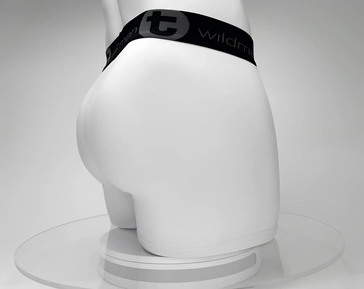 Big boy pouch 5 inch inseam white boxer brief with black wildman elastic waistband and logo front view