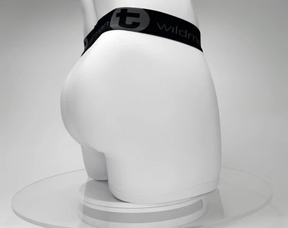 Big boy pouch 5 inch inseam white boxer brief with black wildman elastic waistband and logo front view