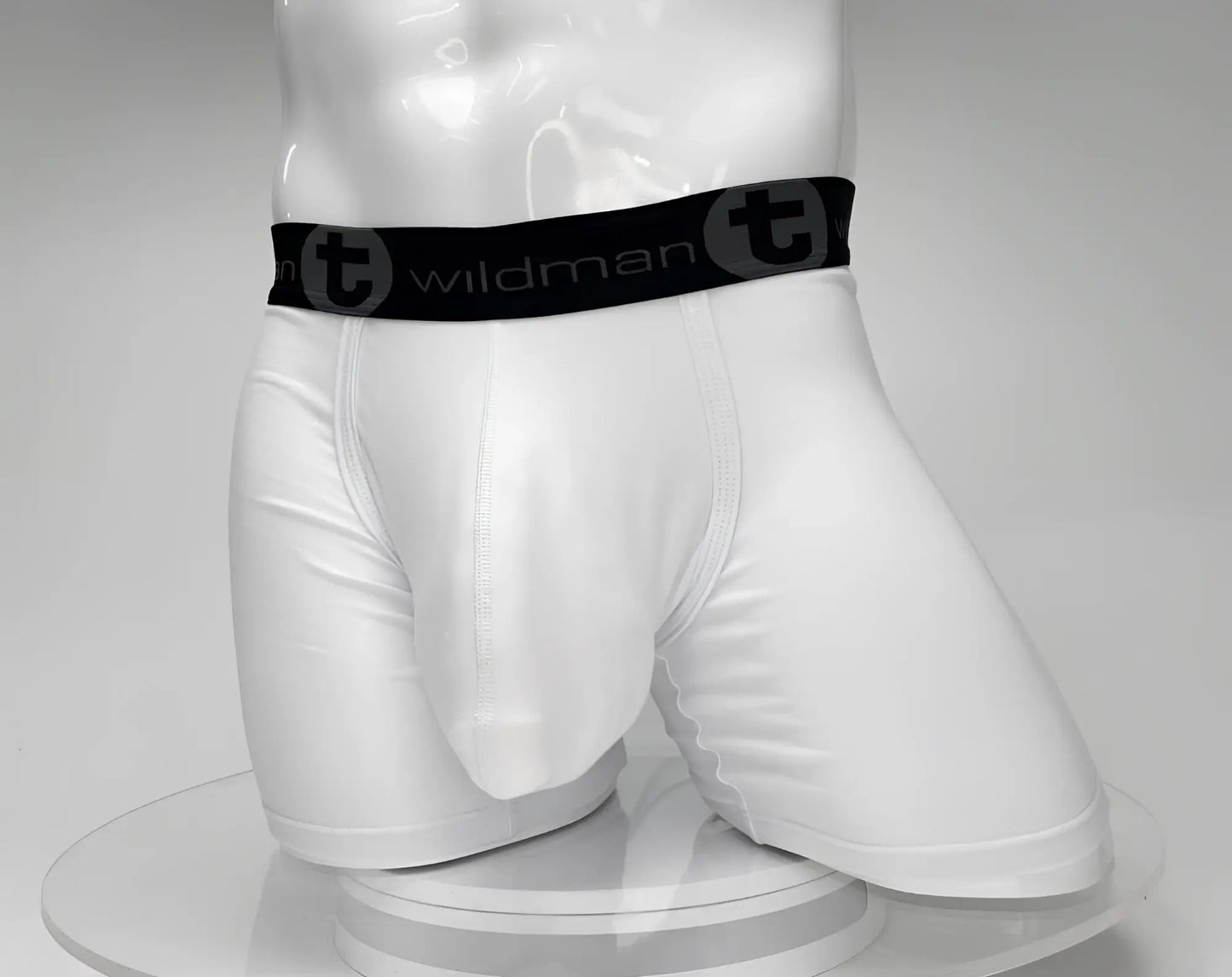 White big boy pouch boxer briefs with 5 inch inseam black elastic waistband and wildman brand logo