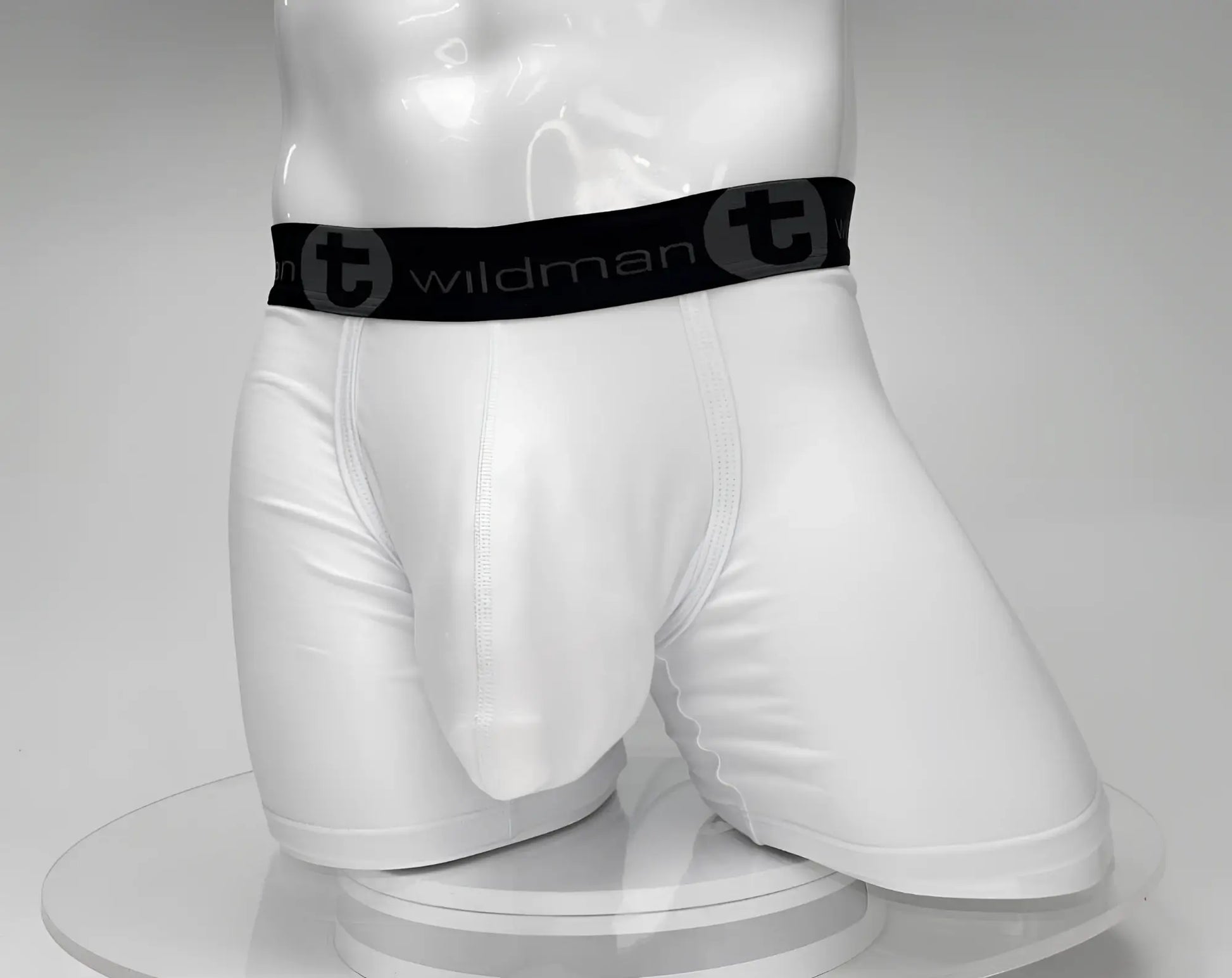 White big boy pouch boxer briefs with 5 inch inseam black elastic waistband and wildman brand logo