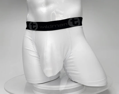 White big boy pouch boxer briefs with 5 inch inseam black elastic waistband and wildman brand logo