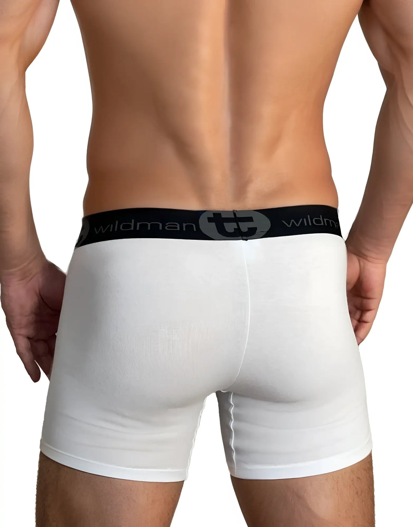 White big boy pouch boxer briefs with 5 inch inseam black wildman elastic waistband for men