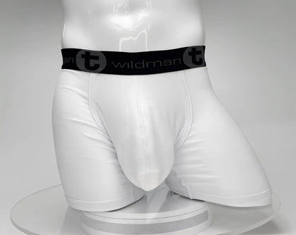 White men’s big boy pouch boxer briefs with 5 inch inseam black wildman waistband and stylized t emblem