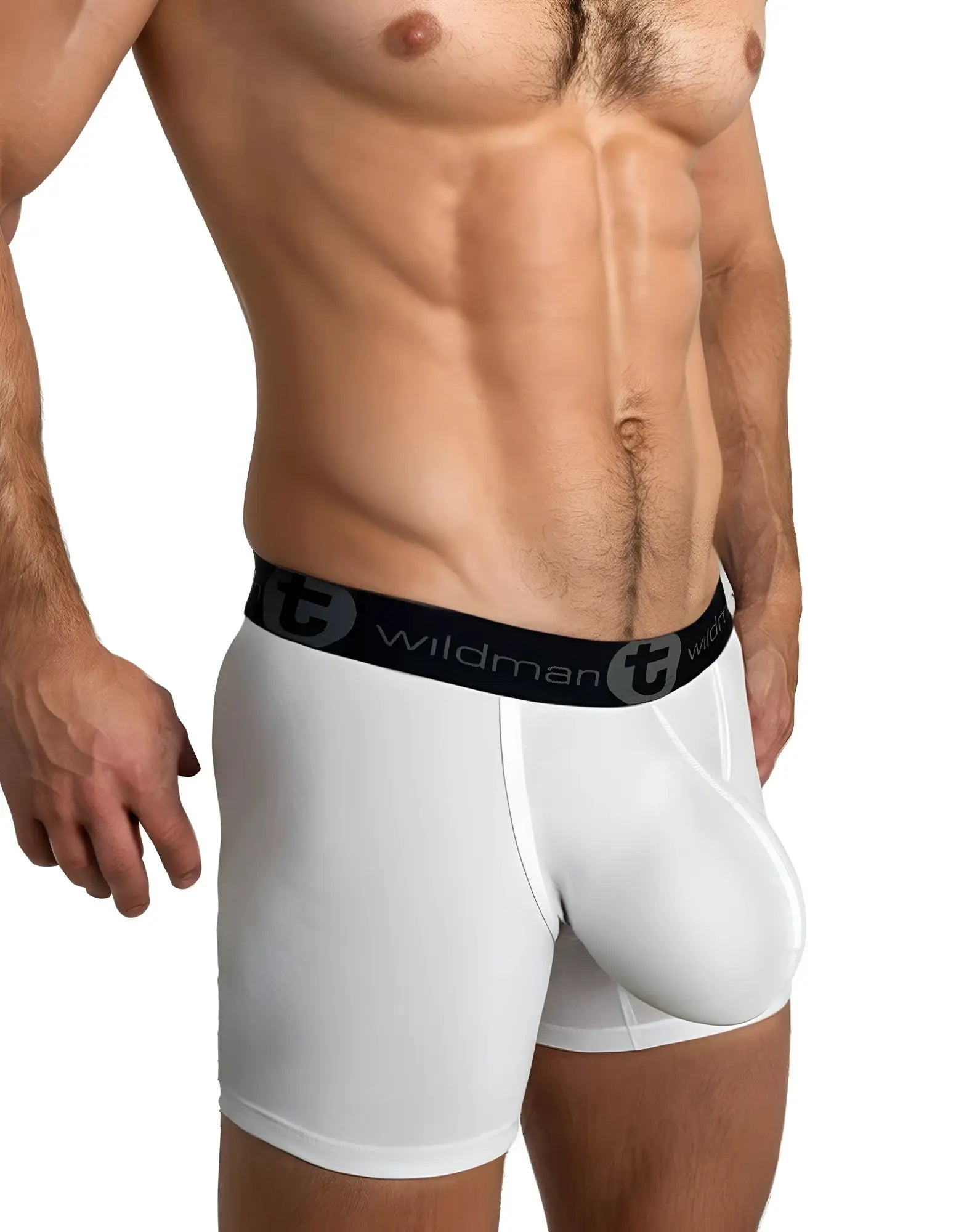 White big boy pouch boxer briefs with 5 inch inseam and black wildman elastic waistband for men