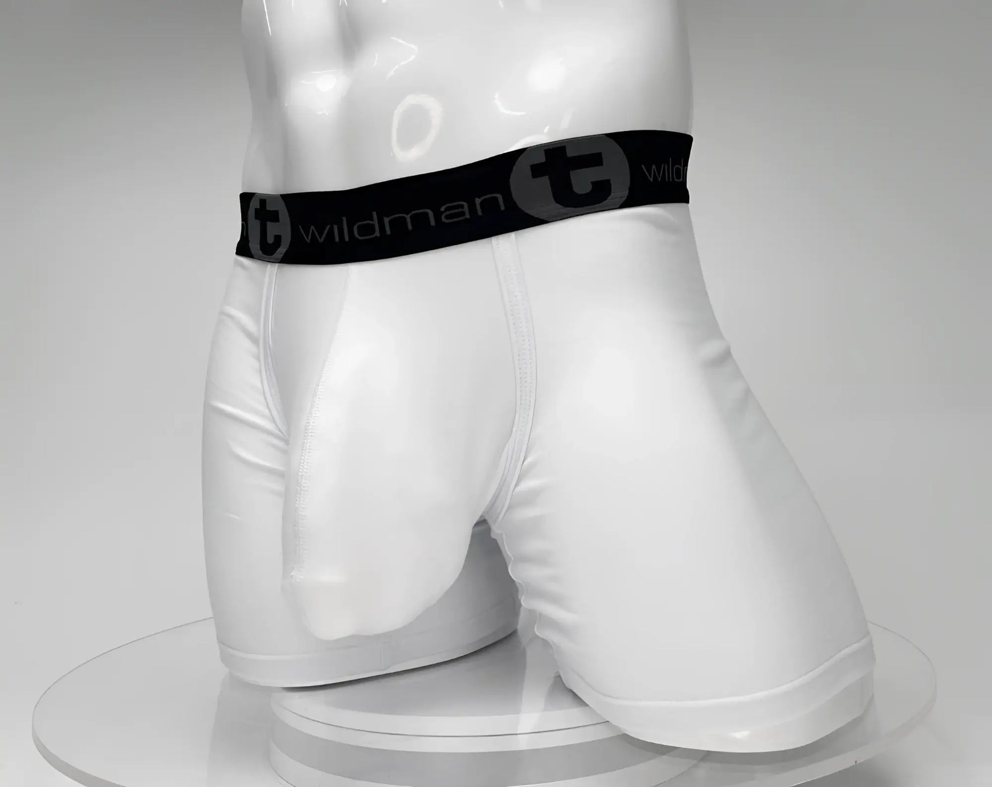 White men’s big boy pouch boxer briefs with 5 inch inseam and black wildman logo elastic waistband