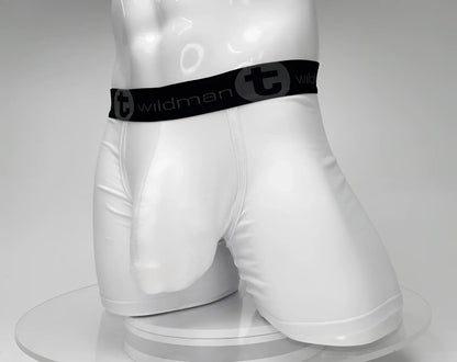 White men’s big boy pouch boxer briefs with 5 inch inseam and black wildman logo elastic waistband
