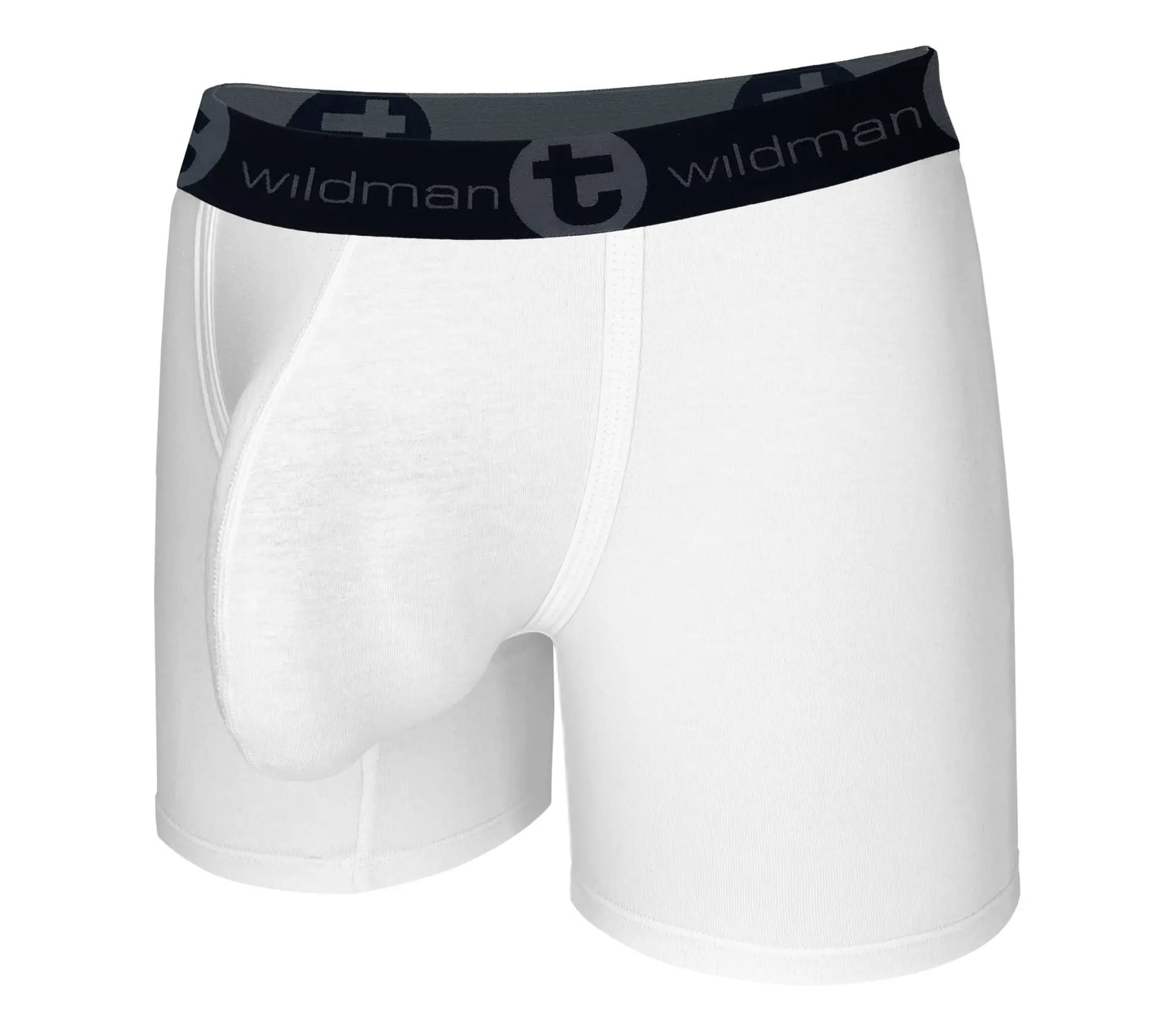 White big boy pouch boxer briefs with 5 inch inseam and black wildman waistband for men