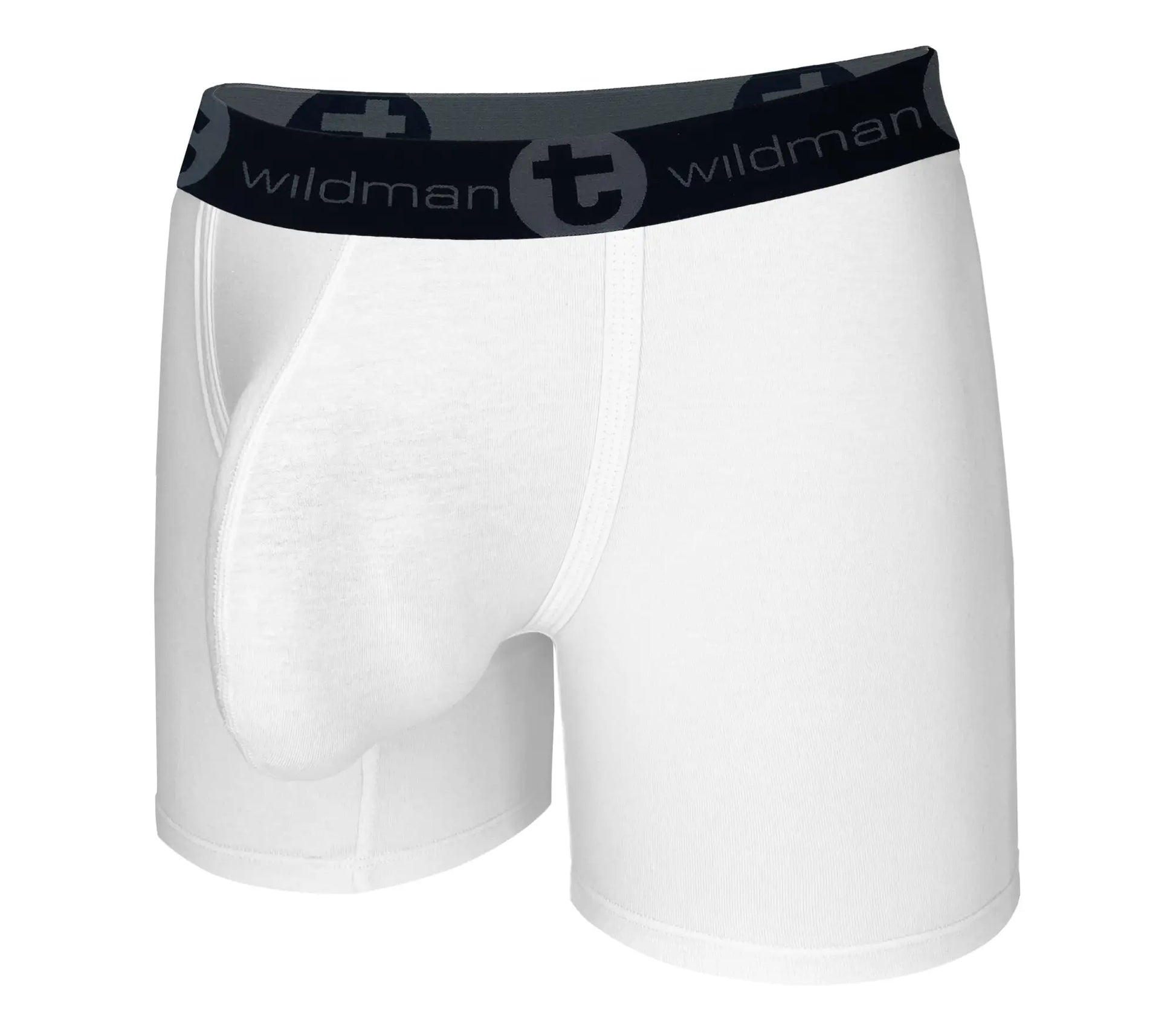 White big boy pouch boxer briefs with 5 inch inseam and black wildman waistband for men