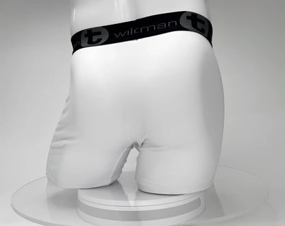 White big boy pouch 5 inch inseam boxer brief with black wilman logo waistband and circular t emblem