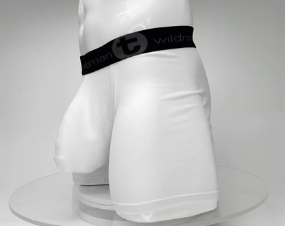 White men’s big boy pouch 5 inch inseam boxer brief with black elastic waistband featuring wildman logo