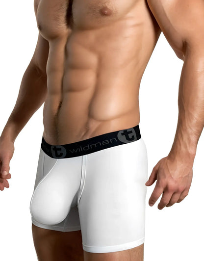 White big boy pouch 5 inch inseam boxer brief with black wildman elastic waistband for comfortable wear