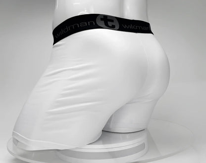 White big boy pouch 5 inch inseam boxer brief with black wildman elastic waistband and logo