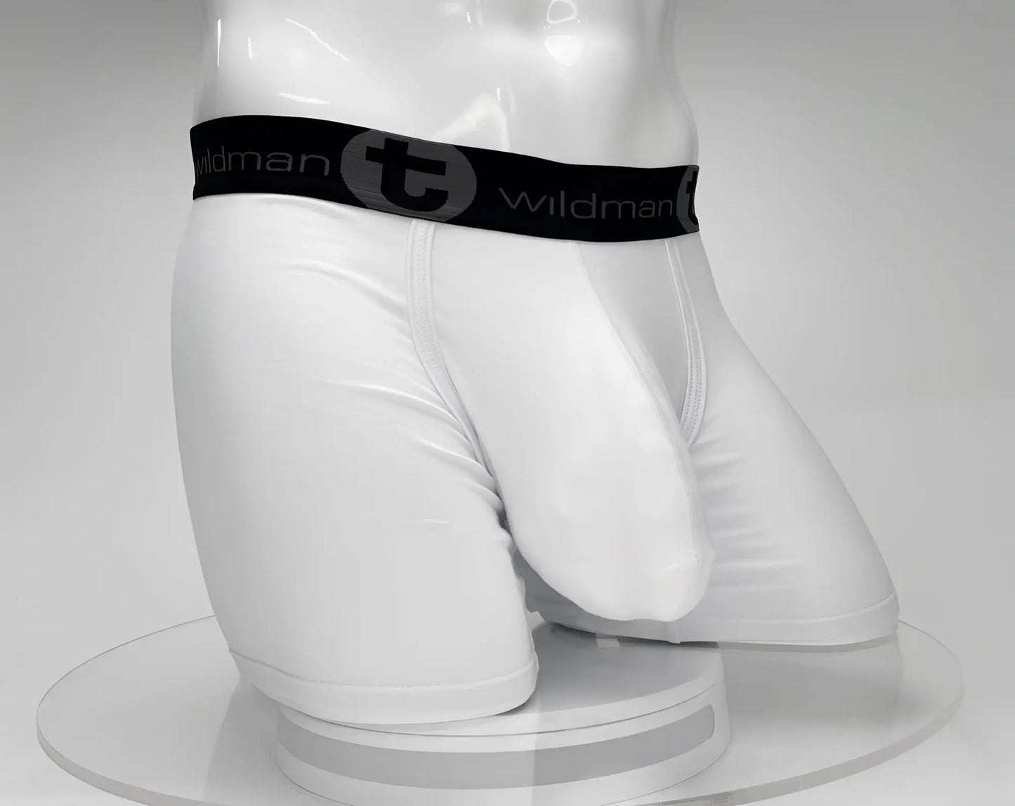 White big boy pouch boxer briefs with 5 inch inseam featuring wildman black elastic waistband and stylized t emblem