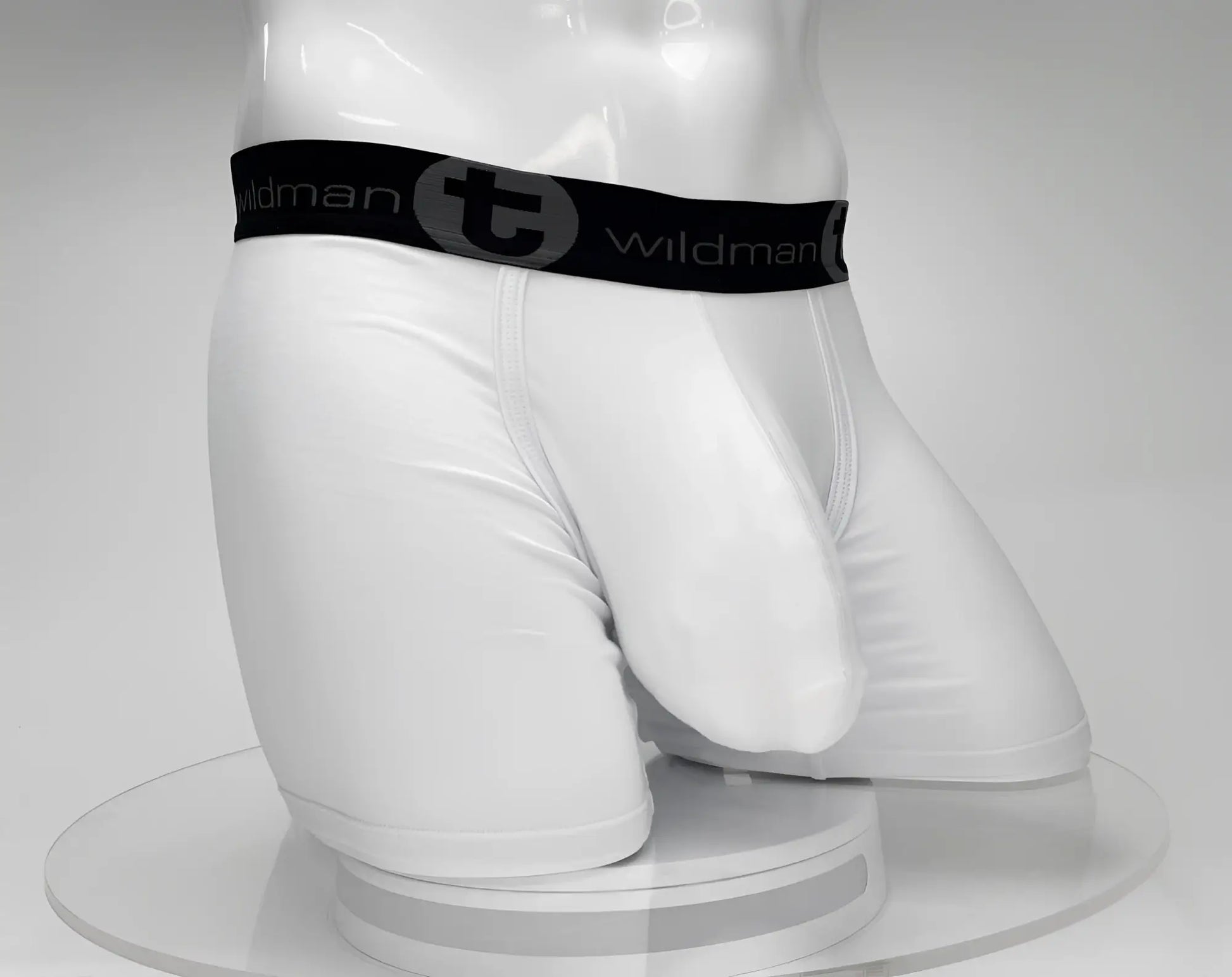 White big boy pouch boxer briefs with 5 inch inseam featuring wildman black elastic waistband and stylized t emblem