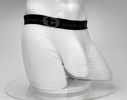 White big boy pouch boxer briefs with 5 inch inseam featuring wildman black elastic waistband and stylized t emblem