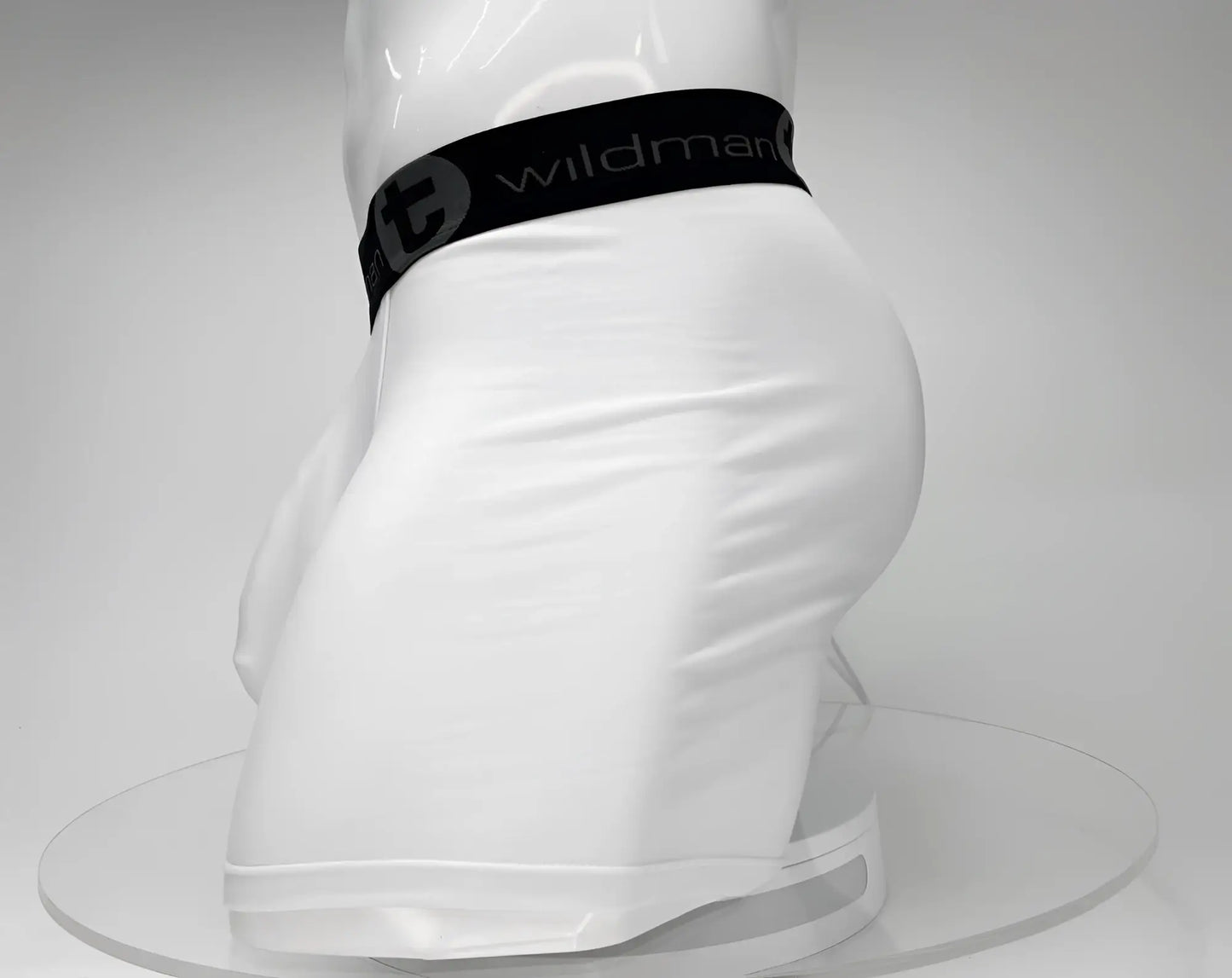 White big boy pouch boxer briefs with 5 inch inseam featuring black elastic waistband and wildman brand logo