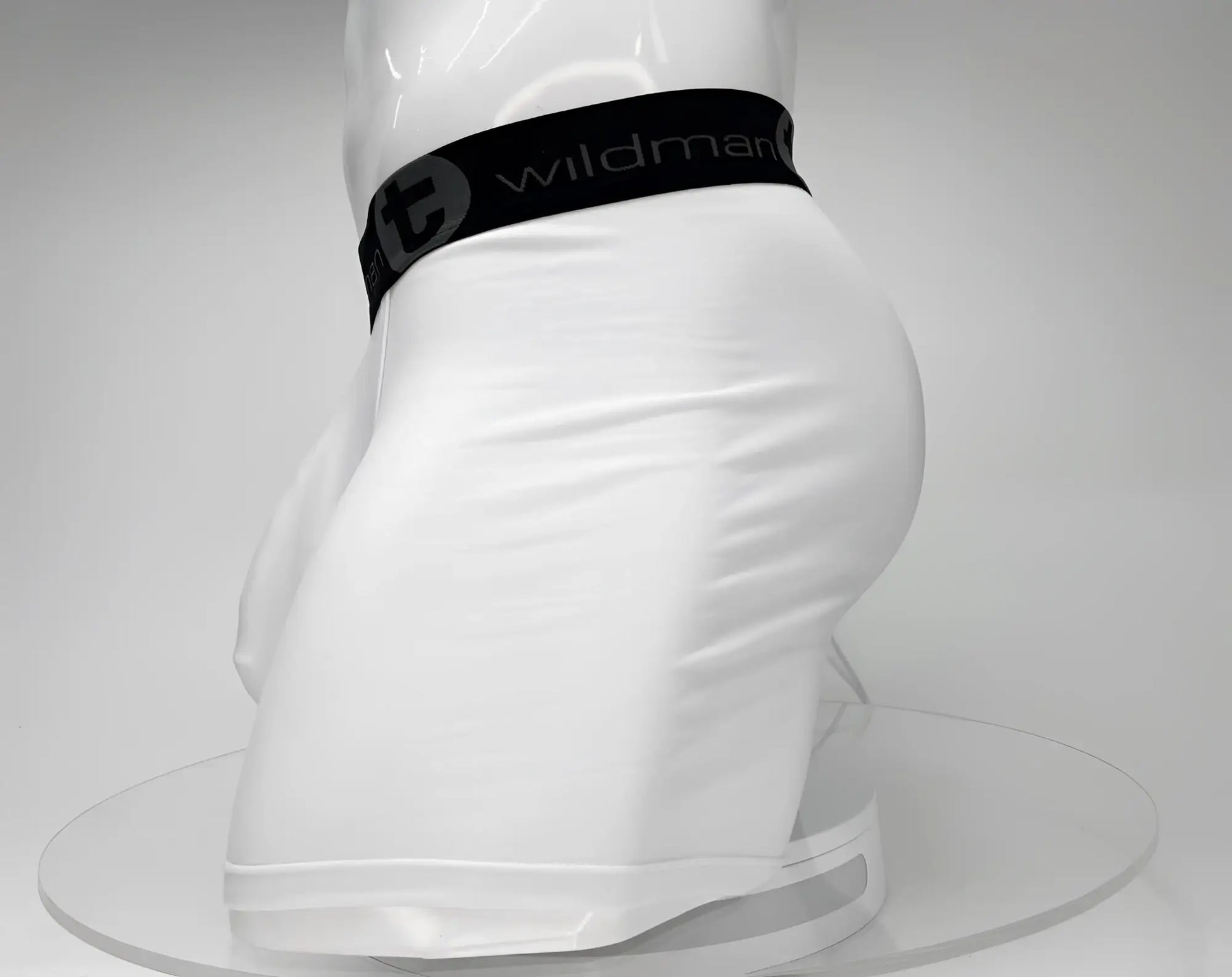 White big boy pouch boxer briefs with 5 inch inseam featuring black elastic waistband and wildman brand logo