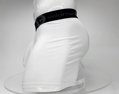 White big boy pouch boxer briefs with 5 inch inseam featuring black elastic waistband and wildman brand logo