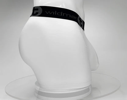White men’s big boy pouch 5 inch inseam boxer briefs with black wildman waistband and logo in white cotton