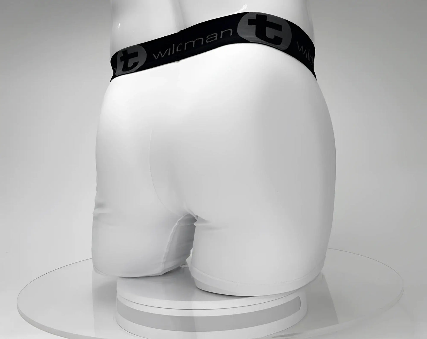 White big boy pouch boxer briefs with 5 inch inseam featuring black waistband and wiltman logo in gray