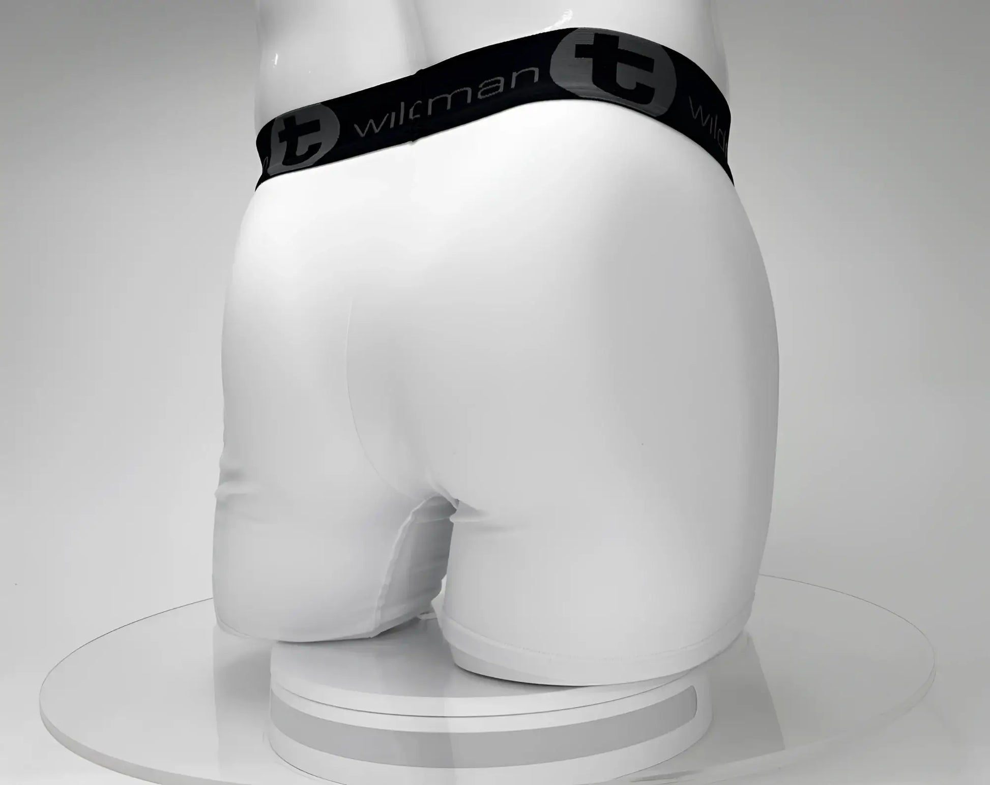 White big boy pouch boxer briefs with 5 inch inseam featuring black waistband and wiltman logo in gray