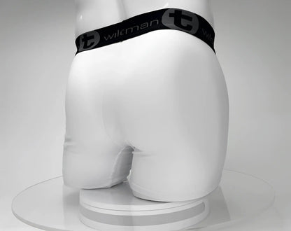White big boy pouch boxer briefs with 5 inch inseam featuring black waistband and wiltman logo in gray