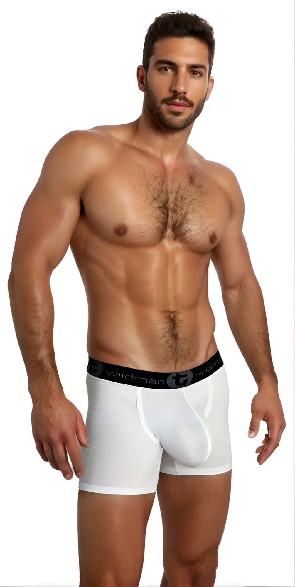 White big boy pouch 5 inch inseam boxer briefs with black wildman elastic waistband for men