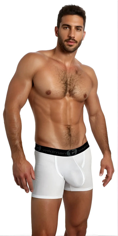 White big boy pouch 5 inch inseam boxer briefs with black wildman elastic waistband for men