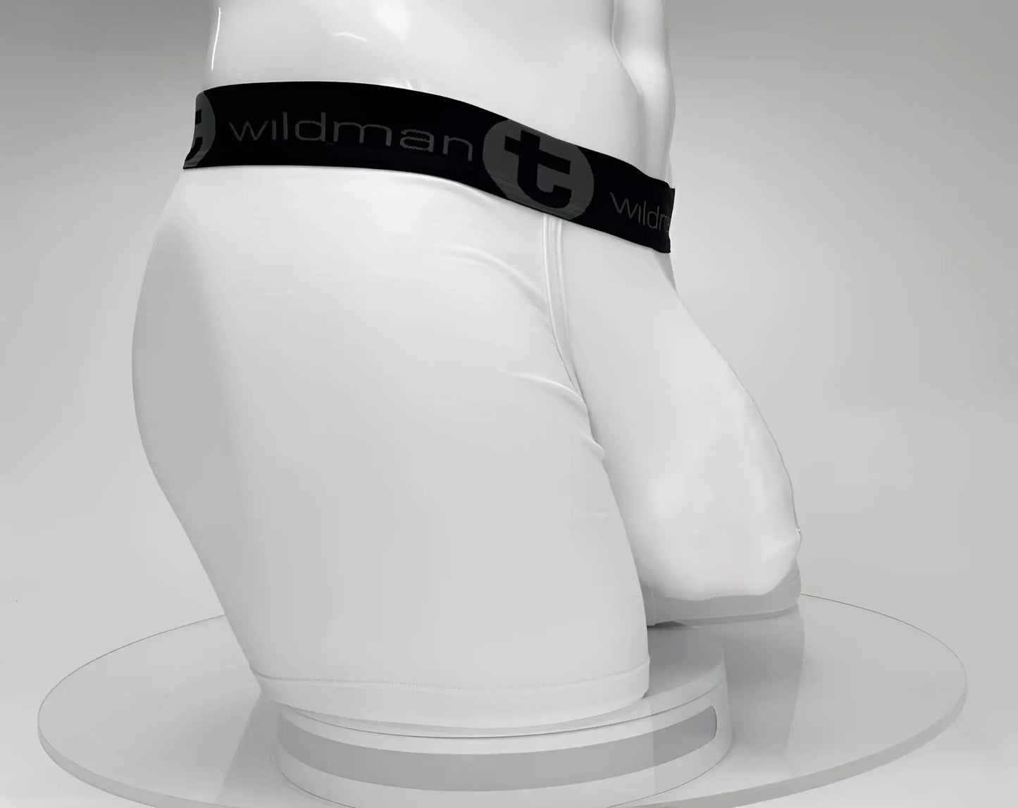 White big boy pouch 5 inch inseam boxer brief with black wildman waistband and circular brand emblem