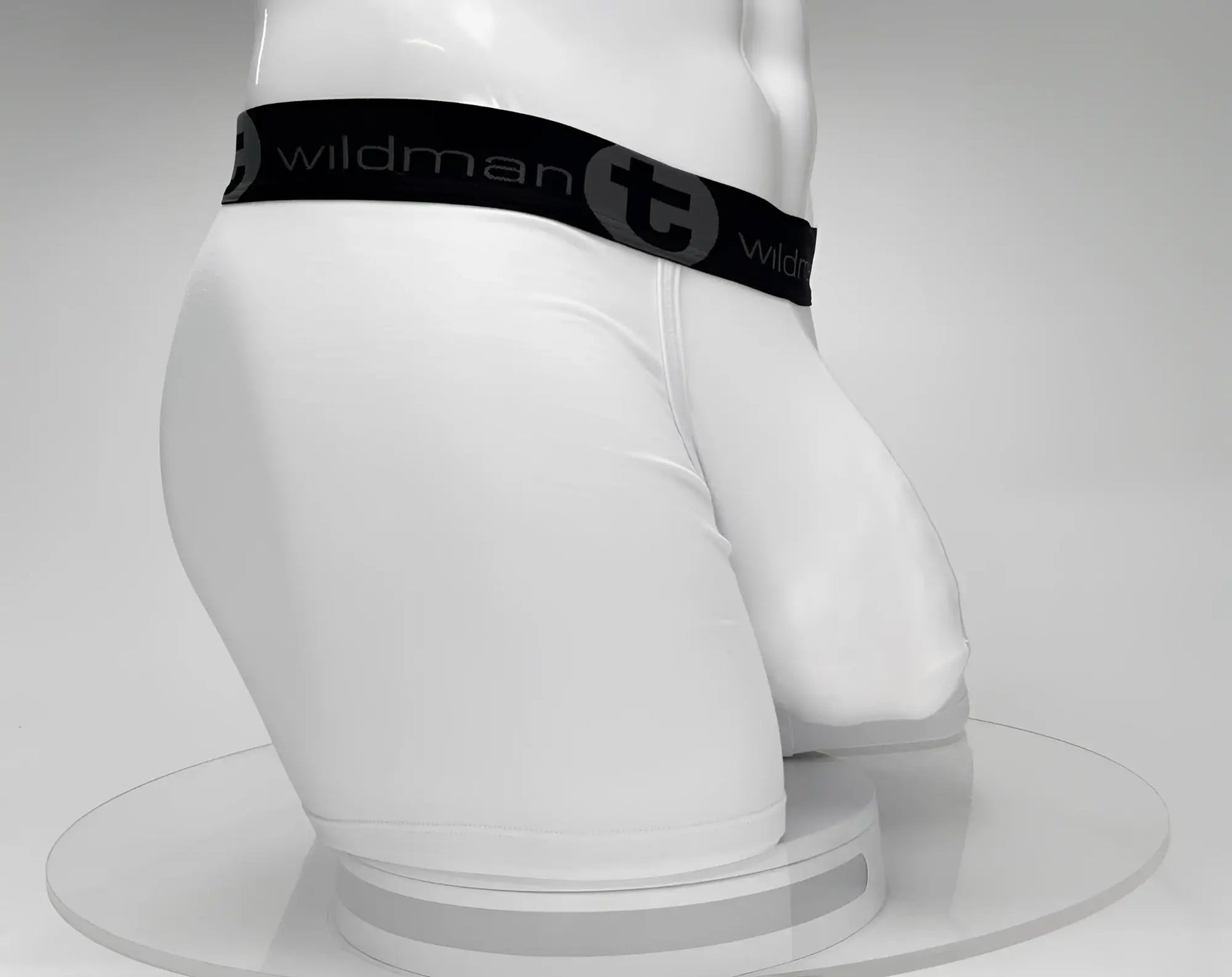 White big boy pouch 5 inch inseam boxer brief with black wildman waistband and circular brand emblem