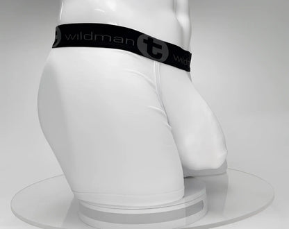 White big boy pouch 5 inch inseam boxer brief with black wildman waistband and circular brand emblem