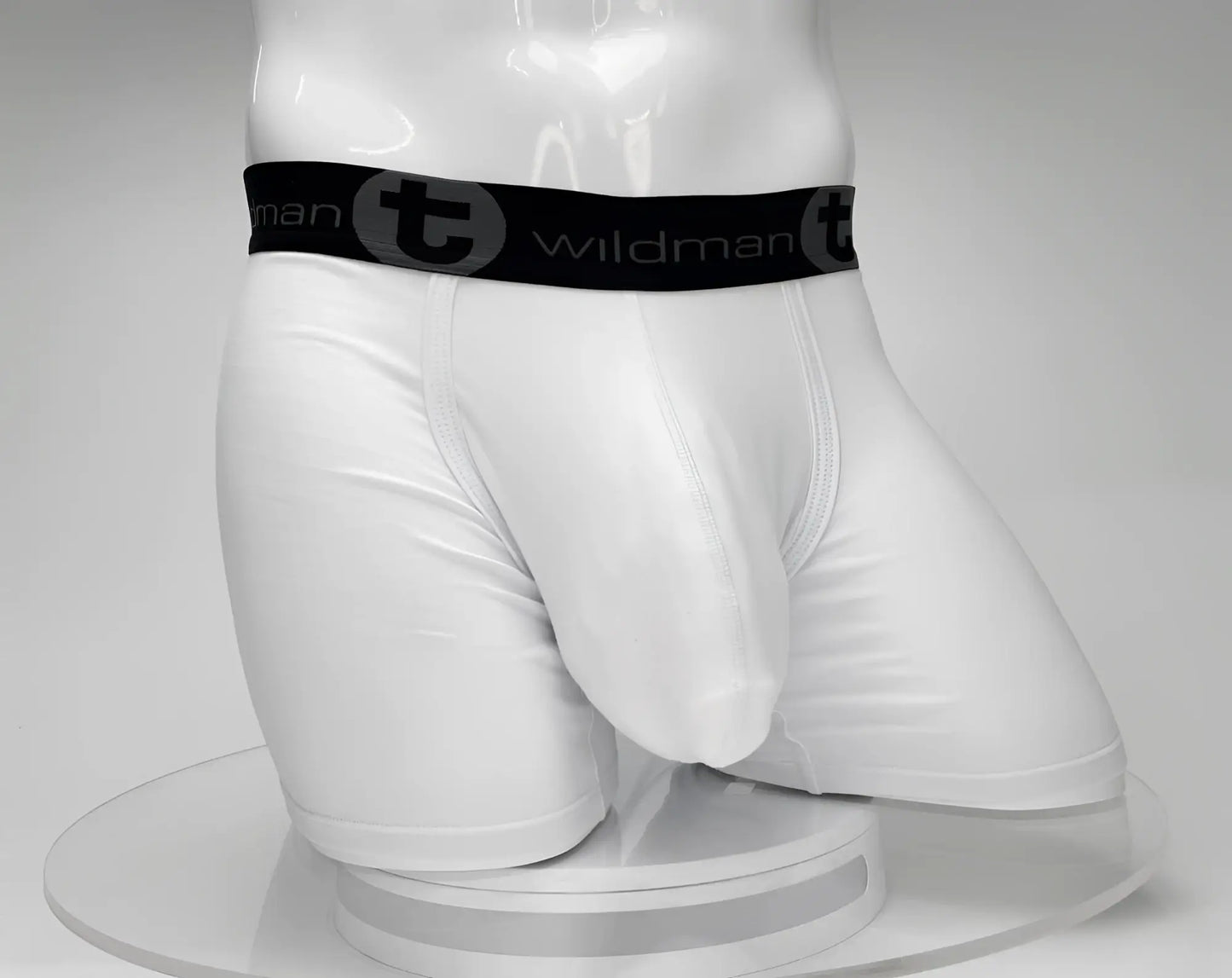 White big boy pouch 5 inch inseam boxer brief with black elastic waistband and wildman logo emblem