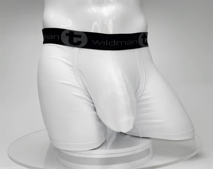 White big boy pouch 5 inch inseam boxer brief with black elastic waistband and wildman logo emblem