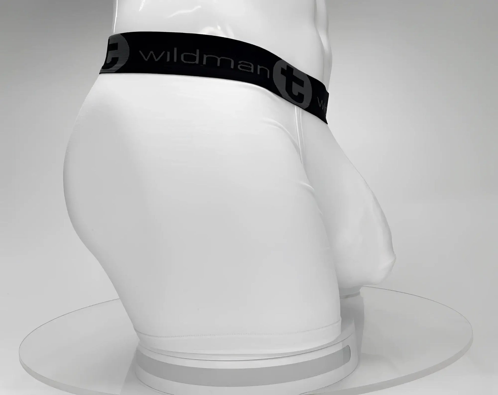 White big boy pouch 5 inch inseam boxer brief with black wildman elastic waistband logo design