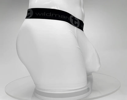 White big boy pouch 5 inch inseam boxer brief with black wildman elastic waistband logo design