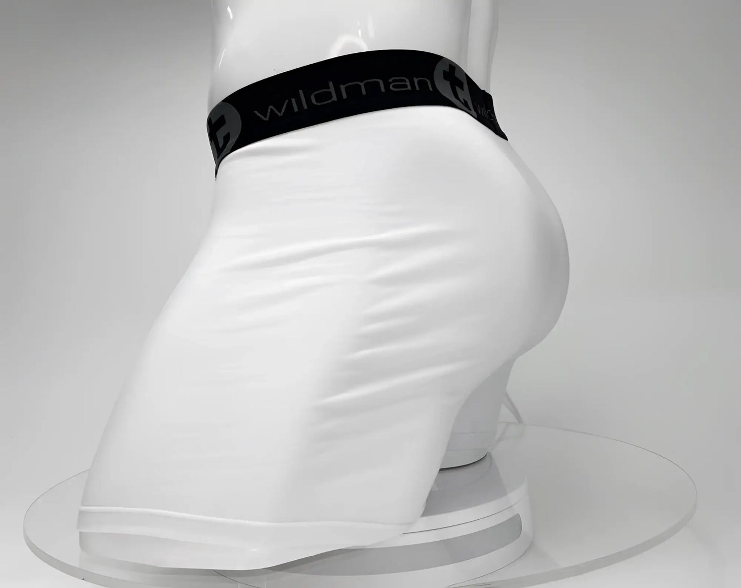 White wildman big boy pouch 5 inch inseam boxer briefs with black elastic wildman logo waistband