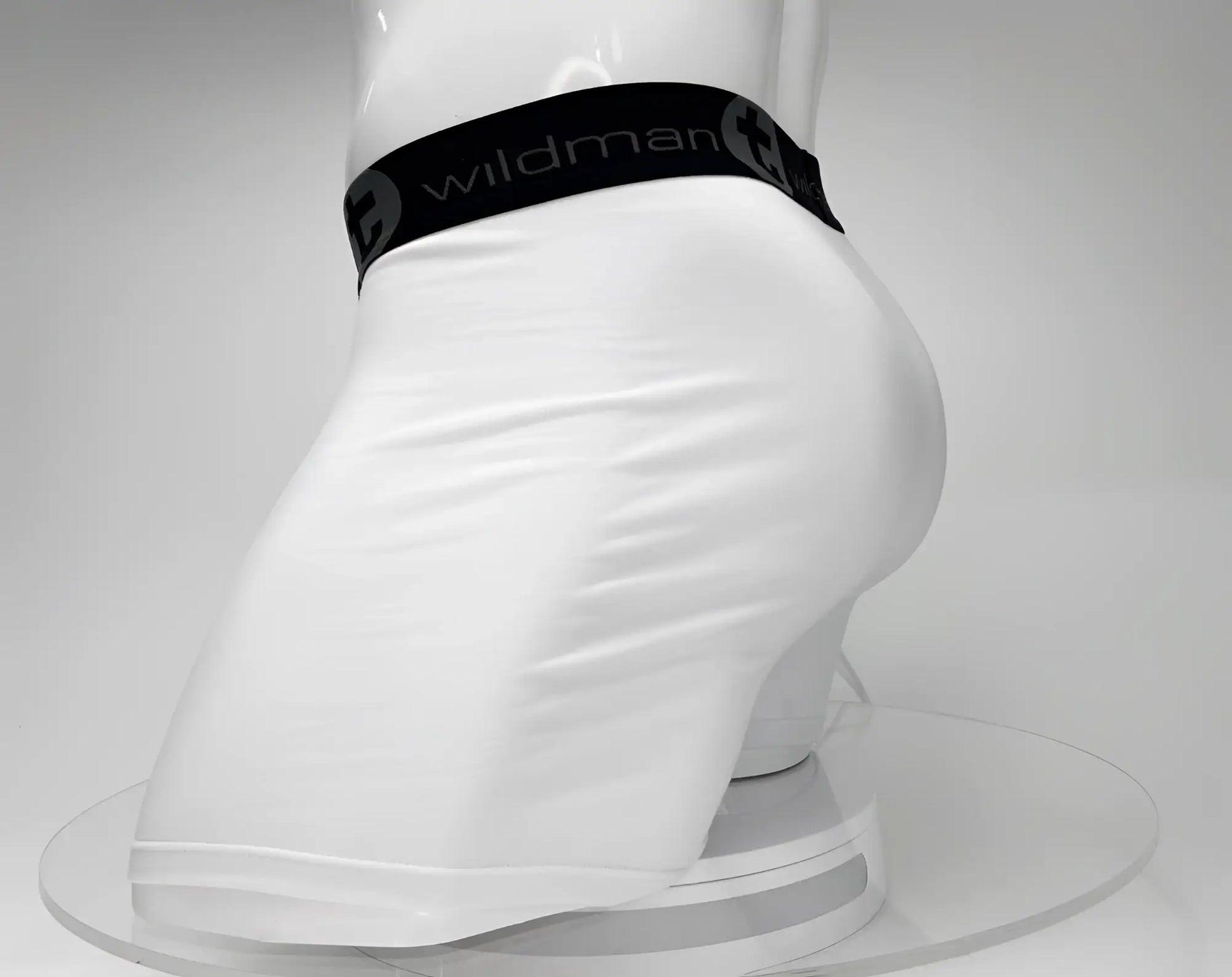 White wildman big boy pouch 5 inch inseam boxer briefs with black elastic wildman logo waistband