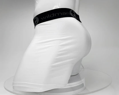 White wildman big boy pouch 5 inch inseam boxer briefs with black elastic wildman logo waistband