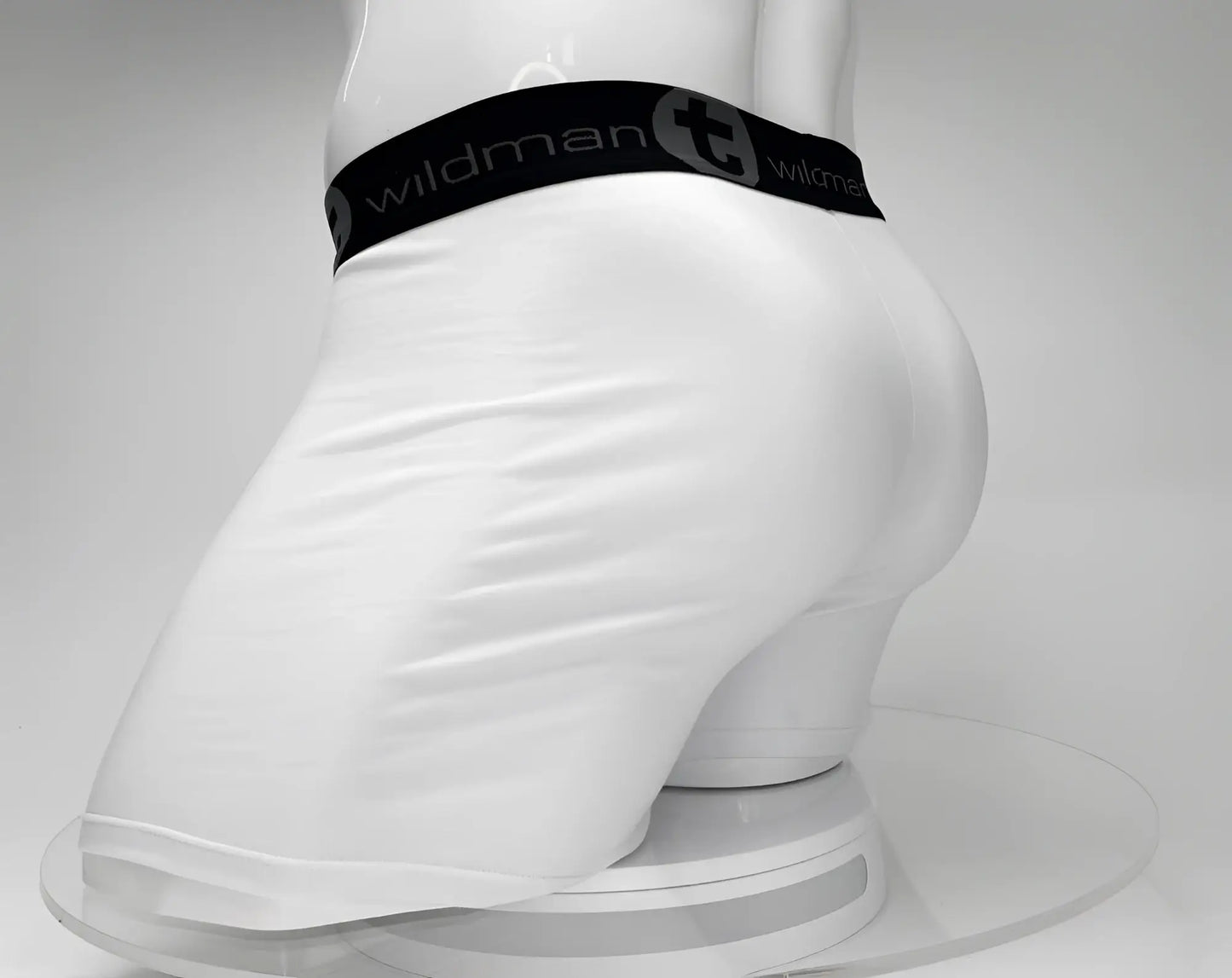 White wildman big boy pouch 5 inch inseam boxer brief with black elastic waistband and wildman logo