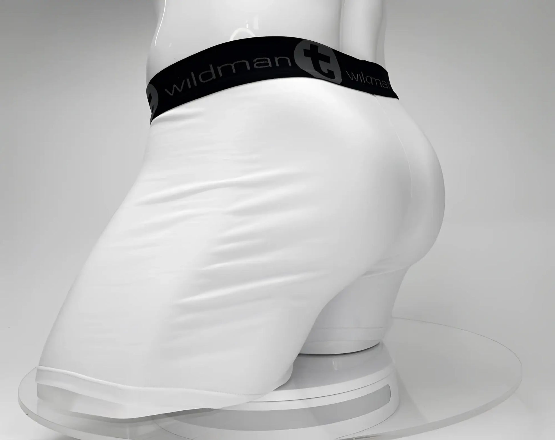 White wildman big boy pouch 5 inch inseam boxer brief with black elastic waistband and wildman logo
