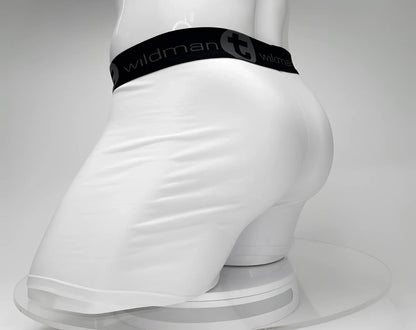 White wildman big boy pouch 5 inch inseam boxer brief with black elastic waistband and wildman logo