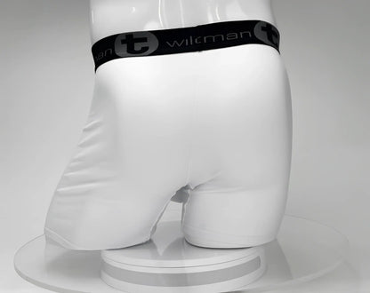 White wilkman boxer briefs with a big boy pouch 5 inch inseam and black elastic waistband featuring wilkman logo