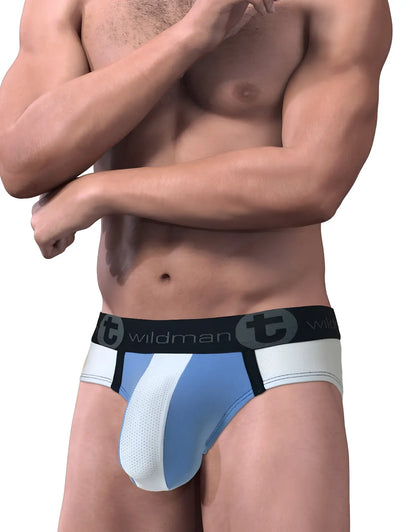 Big boy pouch brief in blue and white stripe with black wildman waistband designed for athletic support