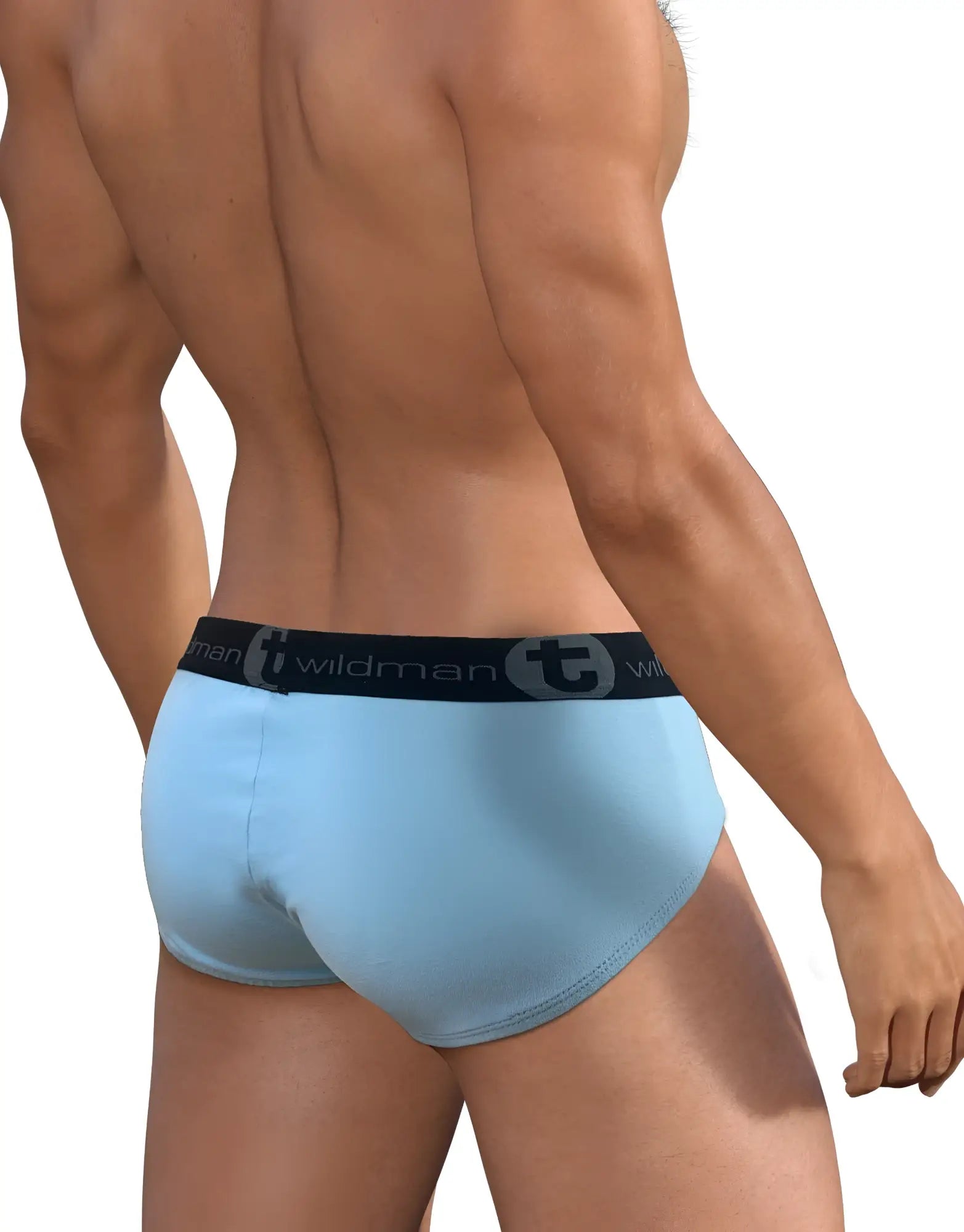 Light blue cotton big boy pouch briefs with a black elastic waistband featuring the wildman brand logo