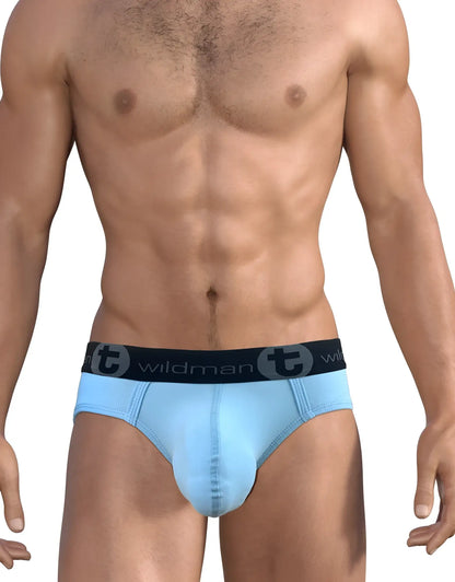 Light blue big boy pouch brief with a black elastic waistband featuring wildman logo and circular t emblem